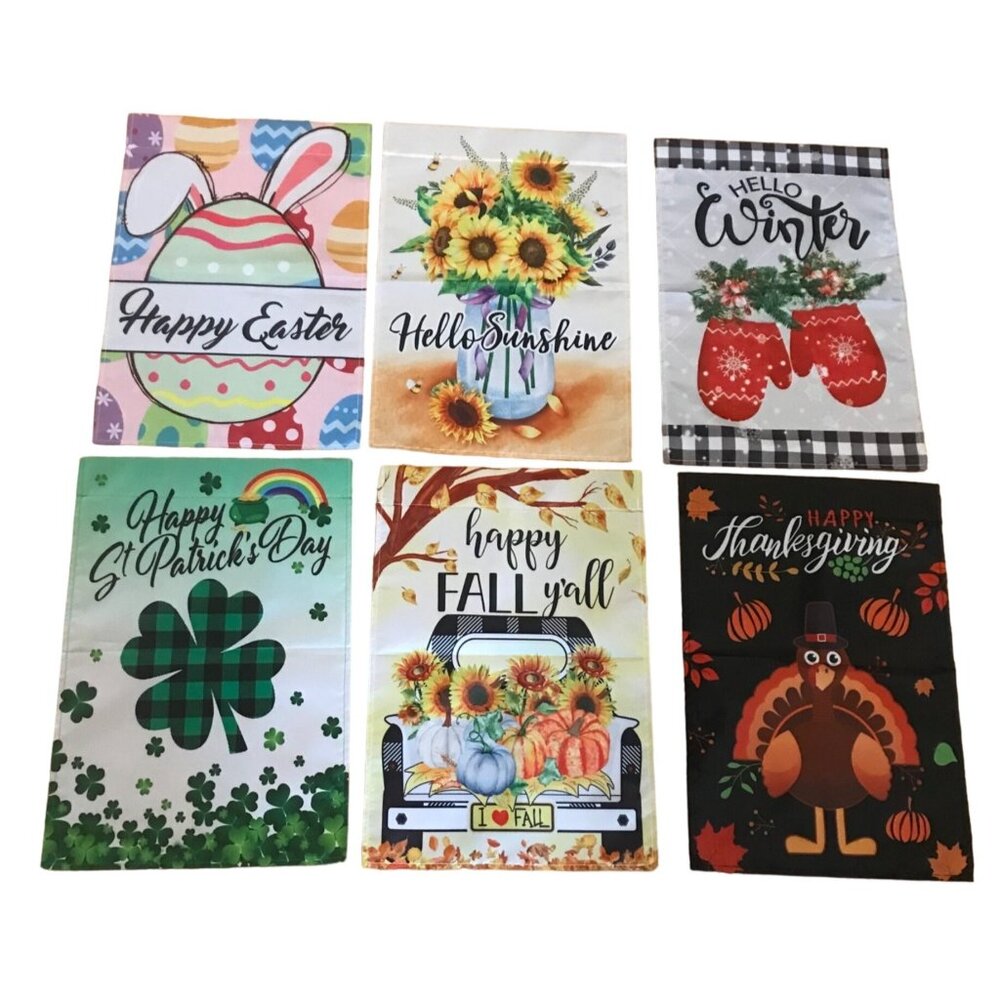 6 Garden Flags Sunshine Winter St Patricks  Easter Fall Yall Thanksgiving 12X18"